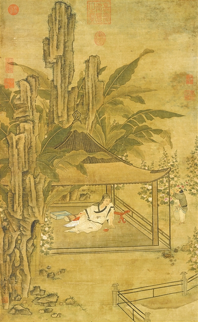 中國畫《山亭納涼圖》，作者為明代周臣。  臺北故宮博物院藏